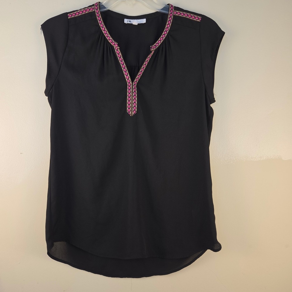 DR2 Womens Black Split V-Neck Embroidered Cap Sleeve Sheer Blouse Small
